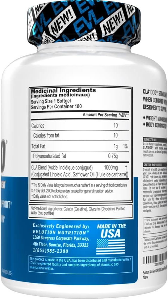 Conjugated Linoleic Acid CLA Supplement - Evlution Nutrition CLA Pills to Support Belly Fat Burning with Diet  Exercise - Stimulant Free Preworkout Fat Burner for Men from Safflower Oil 180 Servings