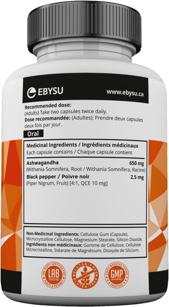EBYSU Ashwagandha Supplement - 120 Capsules with Black Pepper Extract - Traditionally Used in Ayurveda – Nervine Tonic, Sleep Aid  Memory Enhancement - 650mg Root Powder Pills
