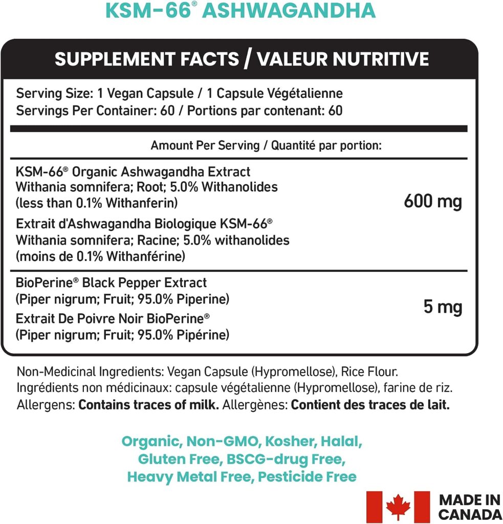Full-Spectrum KSM-66 Ashwagandha 600mg with BioPerine Black Pepper - 5% Withanolides, Pure Organic Root Extract | Made in Canada