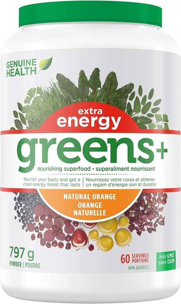 Genuine Health Greens+ Extra Energy Superfood Powder, Spirulina and Wheat Grass, Natural Orange Flavour, Non GMO, 797g - Value Size