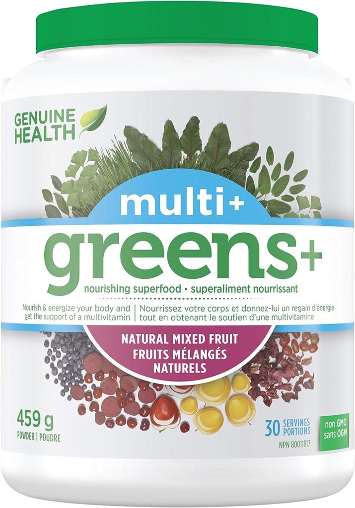 Genuine Health Greens+ Multi, 30 servings, 459g tub, Multivitamin, mineral and superfood support to nourish and energize your body, Mixed fruit flavoured powder, Dairy and gluten-free