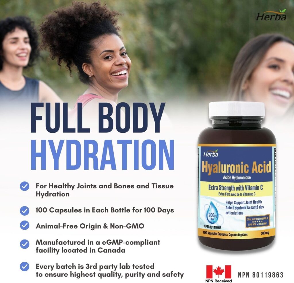 Herba Hyaluronic Acid Supplement 300mg - 100 Vegetable Capsules | Hyaluronic Acid Capsules with Vitamin C to Support Joint and Bone Health | NPN from Health Canada