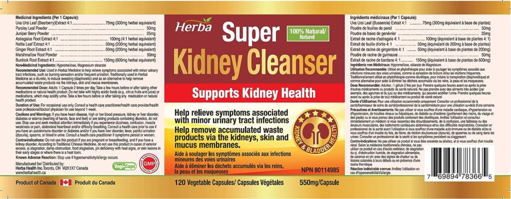 Herba Kidney Cleanse Supplement – 120 Capsules | 8 Herbal Ingredients | Astragalus Root, Uva Ursi, Burdock, Juniper Berry, Nettle Leaf, Ginger, and More | Kidney Cleanser | Product of Canada
