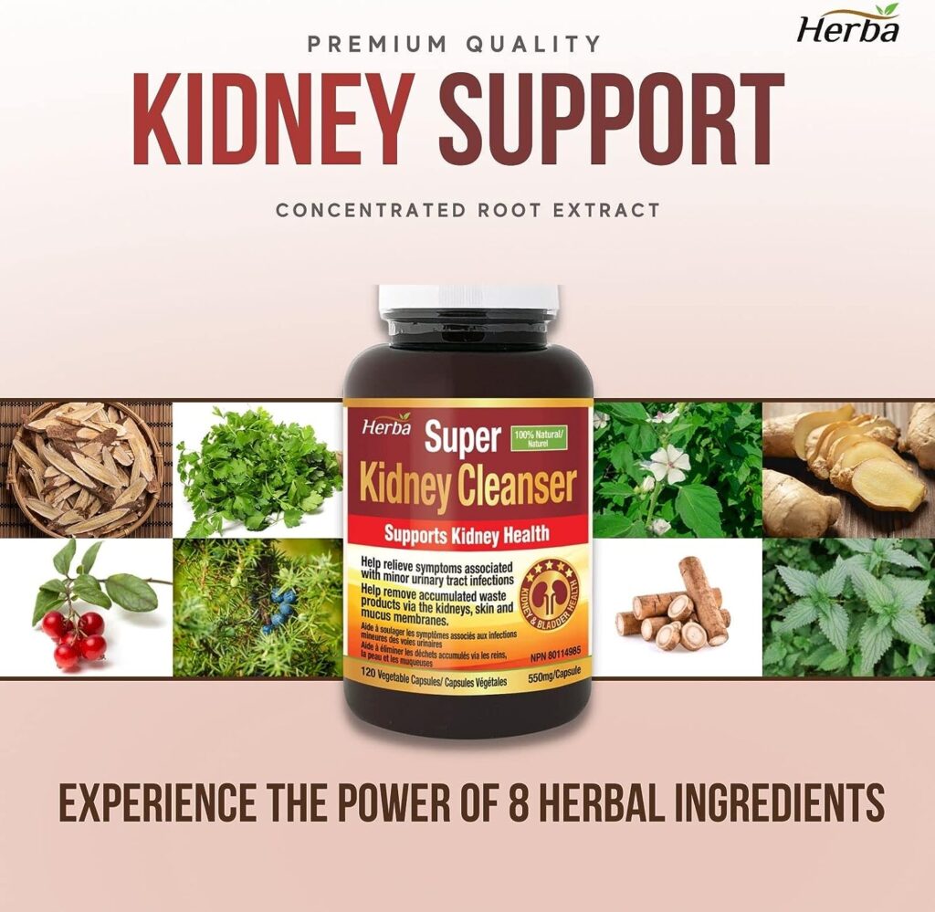 Herba Kidney Cleanse Supplement – 120 Capsules | 8 Herbal Ingredients | Astragalus Root, Uva Ursi, Burdock, Juniper Berry, Nettle Leaf, Ginger, and More | Kidney Cleanser | Product of Canada
