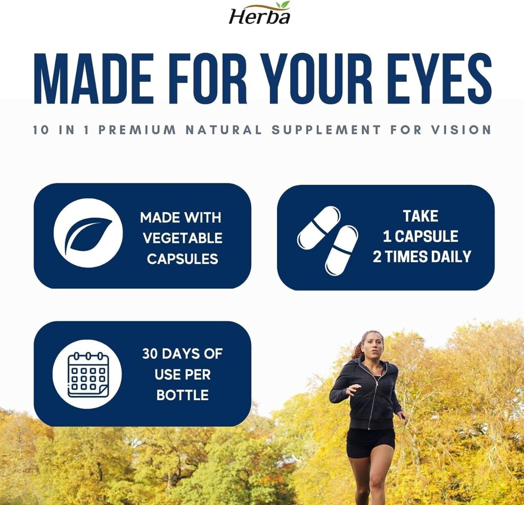 Herba Vision Care Eye Vitamins with Lutein and Zeaxanthin Supplement – 60 Capsules | Eye Supplement with Bilberry, Vitamin A, Blueberry, Grape Seed, Lutein 20mg, Zeaxanthin, Selenium and More | Eye Vitamins for Macular Degeneration, Eye Strain, Dry Eye, and Vision Health | Product of Canada