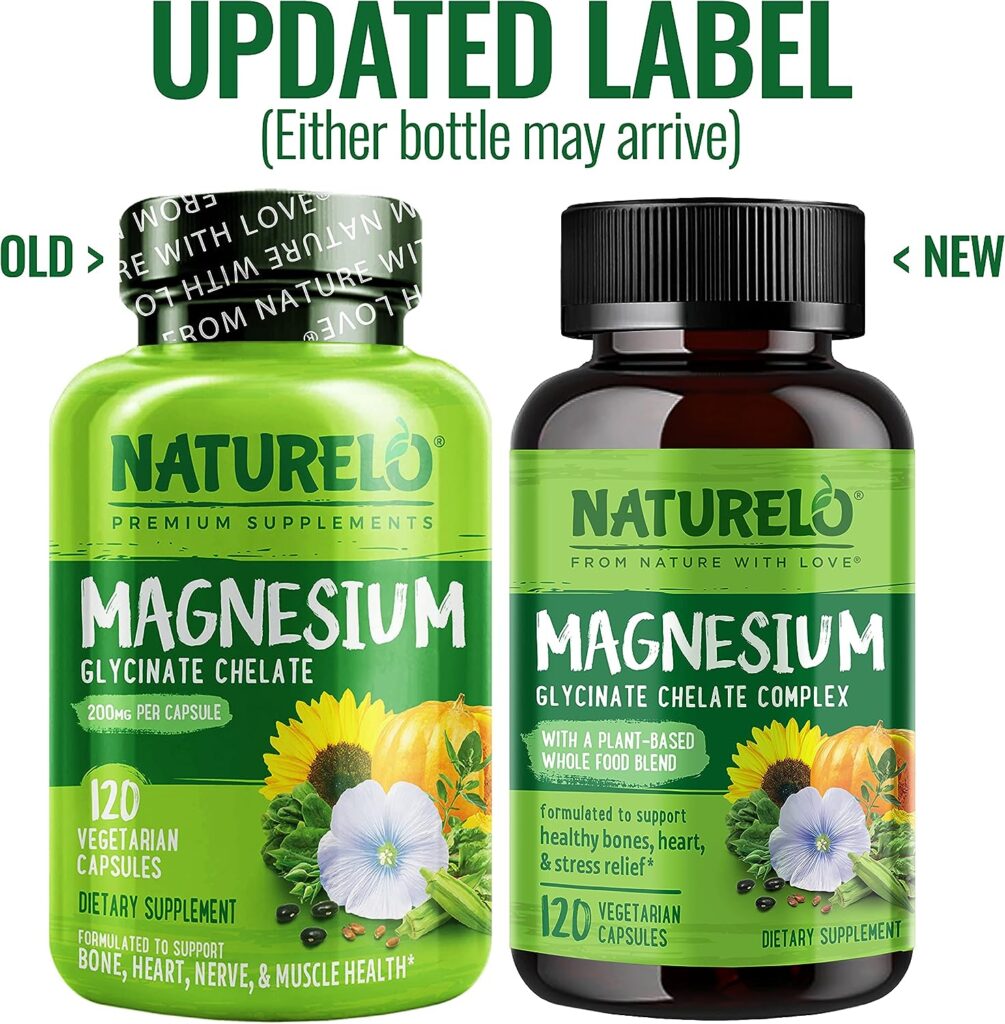 NATURELO Magnesium Glycinate Chelate Complex - 200 mg Magnesium with Organic Vegetables to Support Sleep, Calm, Muscle Cramp  Stress Relief – Gluten Free, Non GMO - 120 Capsules