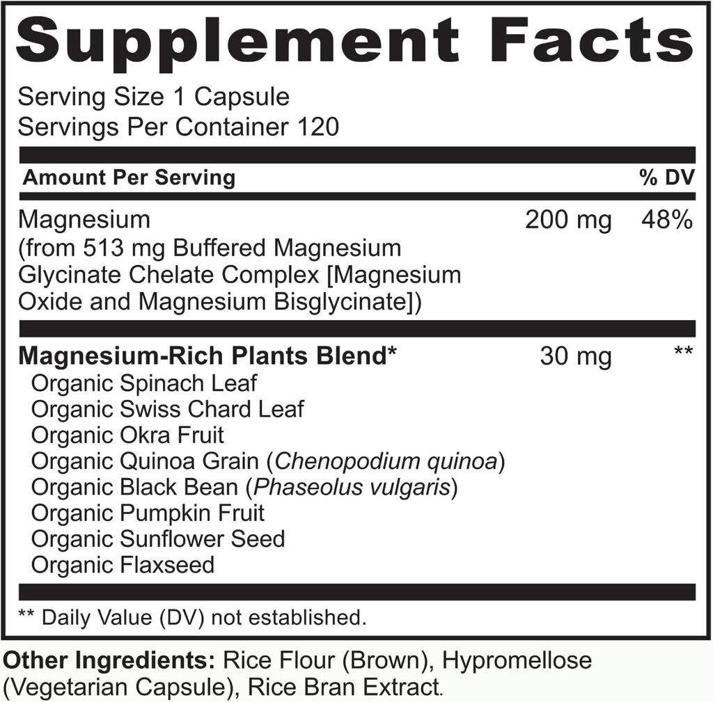 NATURELO Magnesium Glycinate Chelate Complex - 200 mg Magnesium with Organic Vegetables to Support Sleep, Calm, Muscle Cramp  Stress Relief – Gluten Free, Non GMO - 120 Capsules