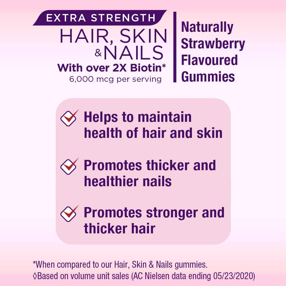 Natures Bounty Extra Strength Hair, Skin  Nails, 80 Gummies, Strawberry cream flavour