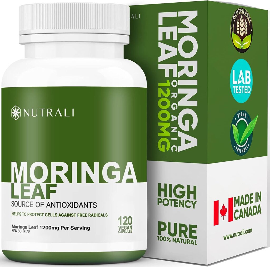 Nutrali ORGANIC MORINGA LEAF Capsules 1200mg High Potency (2 x 600mg) for Liver Detox Cleanse, Gut Health, Hormone Balance – Gluten Free, Non-GMO, Vegan-Friendly Antioxidant Supplement -120 Capsules