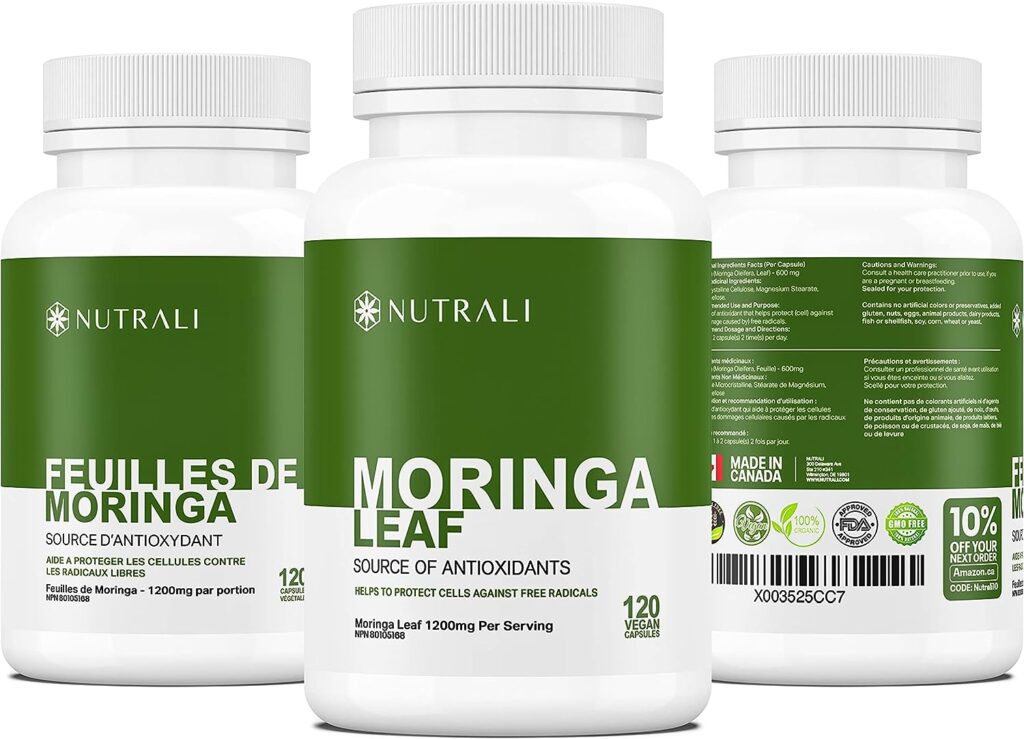 Nutrali ORGANIC MORINGA LEAF Capsules 1200mg High Potency (2 x 600mg) for Liver Detox Cleanse, Gut Health, Hormone Balance – Gluten Free, Non-GMO, Vegan-Friendly Antioxidant Supplement -120 Capsules