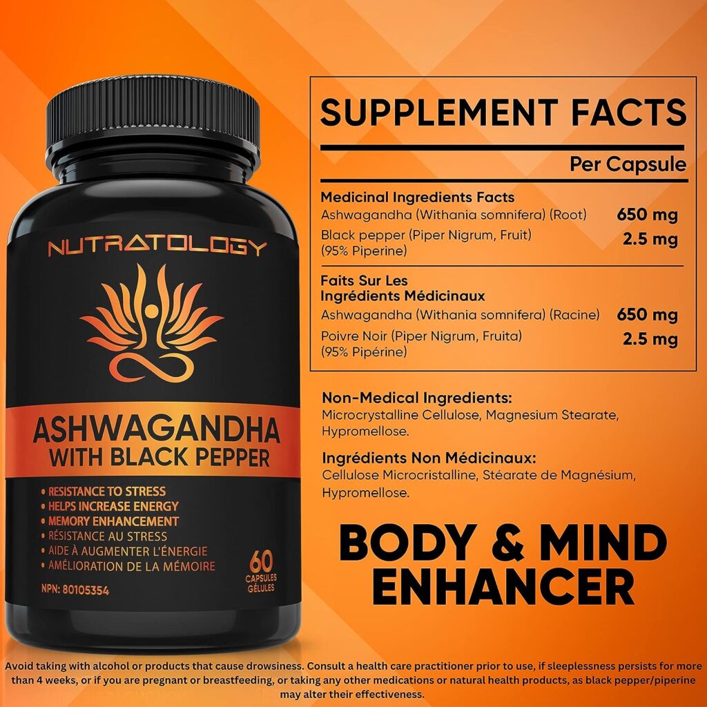 Organic Ashwagandha With Black Pepper For Improved Absorption. Resistant To Stress, Increases Energy Levels  Supports Memory Enhancement - 650MG Ashwagandha Per Capsule - 60 Capsules