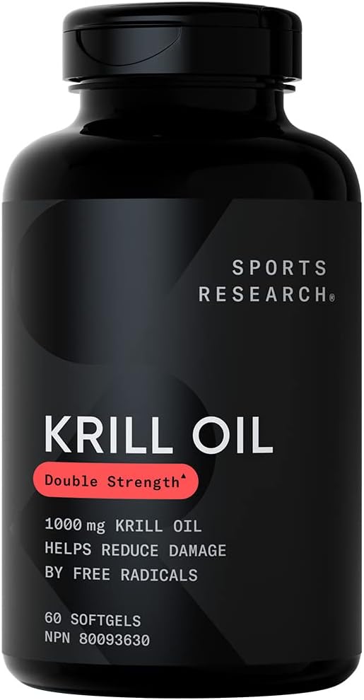 Sports Research Krill Oil Supplement with EPA  DHA Omega 3, Phospholipids  Astaxanthin from Antarctic Krill - Highest Concentration of Krill Oil for Men  Women - 1000mg, 60 Softgel Capsules