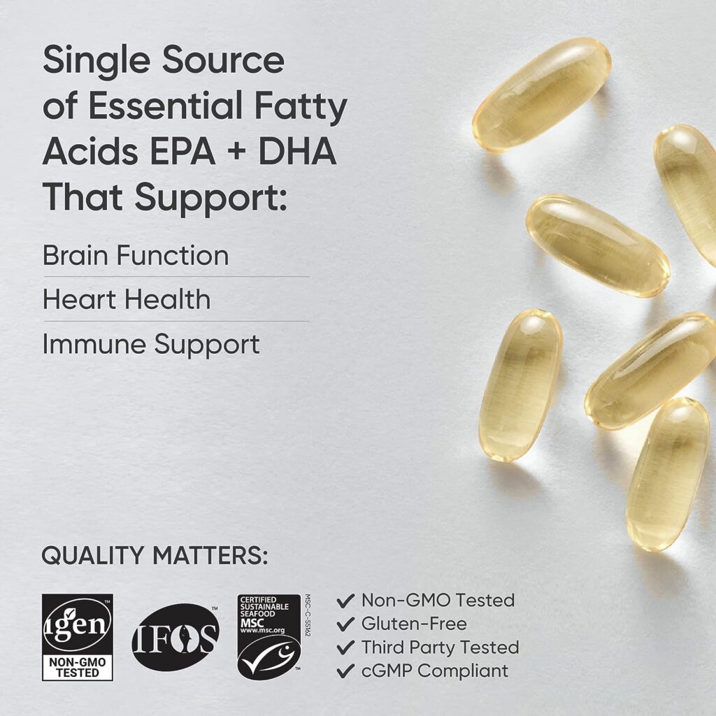Sports Research Triple Strength Omega 3 Fish Oil - Burpless Fish Oil Supplement w/EPA  DHA Fatty Acids from Wild Alaskan Pollock - Heart, Brain  Immune Support for Men  Women - 1250 mg, 180 ct