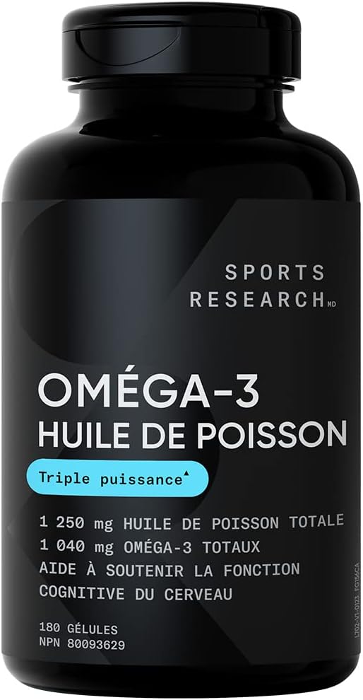 Sports Research Triple Strength Omega 3 Fish Oil - Burpless Fish Oil Supplement w/EPA  DHA Fatty Acids from Wild Alaskan Pollock - Heart, Brain  Immune Support for Men  Women - 1250 mg, 180 ct