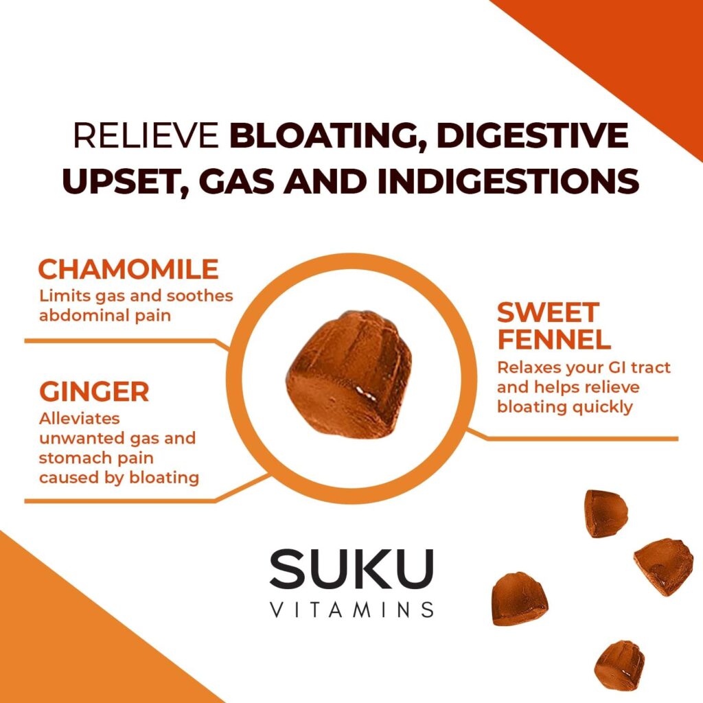 Suku Vitamins - Debloat Digestive Gummies for Gut Health, Gas Relief, Infused with Ginger, Chamomile and Sweet Fennel, Gluten-Free and Keto Gummy Vitamins, 60 Counts