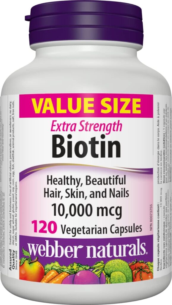 Webber Naturals Biotin 10,000 mcg Extra Strength, 120 Capsules, Supports Healthy Hair, Skin  Nails, Energy Metabolism, Vegan