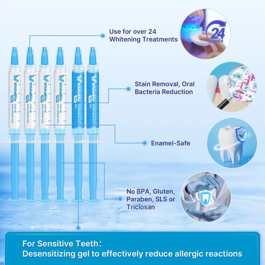 Whitebite Pro Teeth Whitening Kit with LED Light for Sensitive Teeth, Tooth Whitening System with 35% Carbamide Peroxide, (4)3ml Gel Syringes, (2)Remineralization Gel, and Mouth Tray, 7 Piece Set